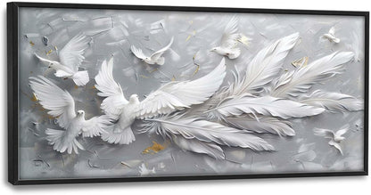 Quorin Feather Dove Bird Large Wall Art White Gray Holy Wings Pictures Peaceful Birds Flying Wall Decor Canvas Print Painting Artwork for Bathroom Living Room Bedroom 60L x 30W