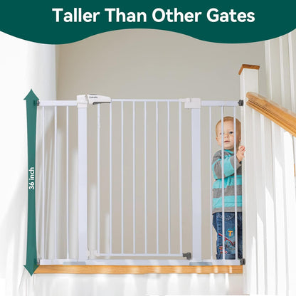 BABELIO 36" Tall Baby Gate, 29-48" Auto Close Pressure Mounted Dog Gate for Stairs, Doorways & Hallway, Protector Basics Easy Walk Thru Pet Gate, Metal Child Gate with 2*Y Spindle Rods, White
