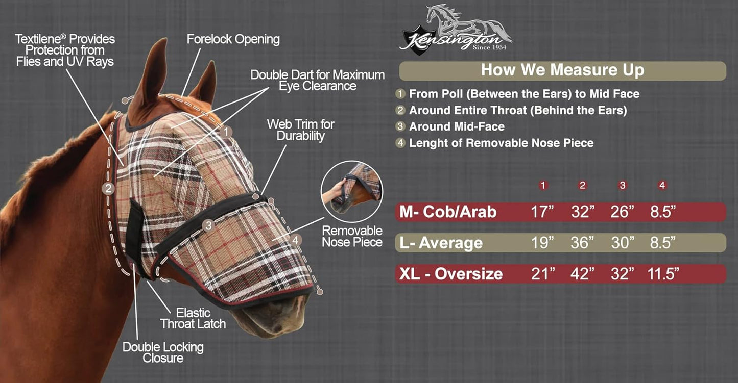 Kensington Signature Fly Mask with Removable Nose — Protects Horses Face and Nose from Biting Insects and UV Rays While Allowing Full Visibility — Ears and Forelock Able to Come Through The Mask