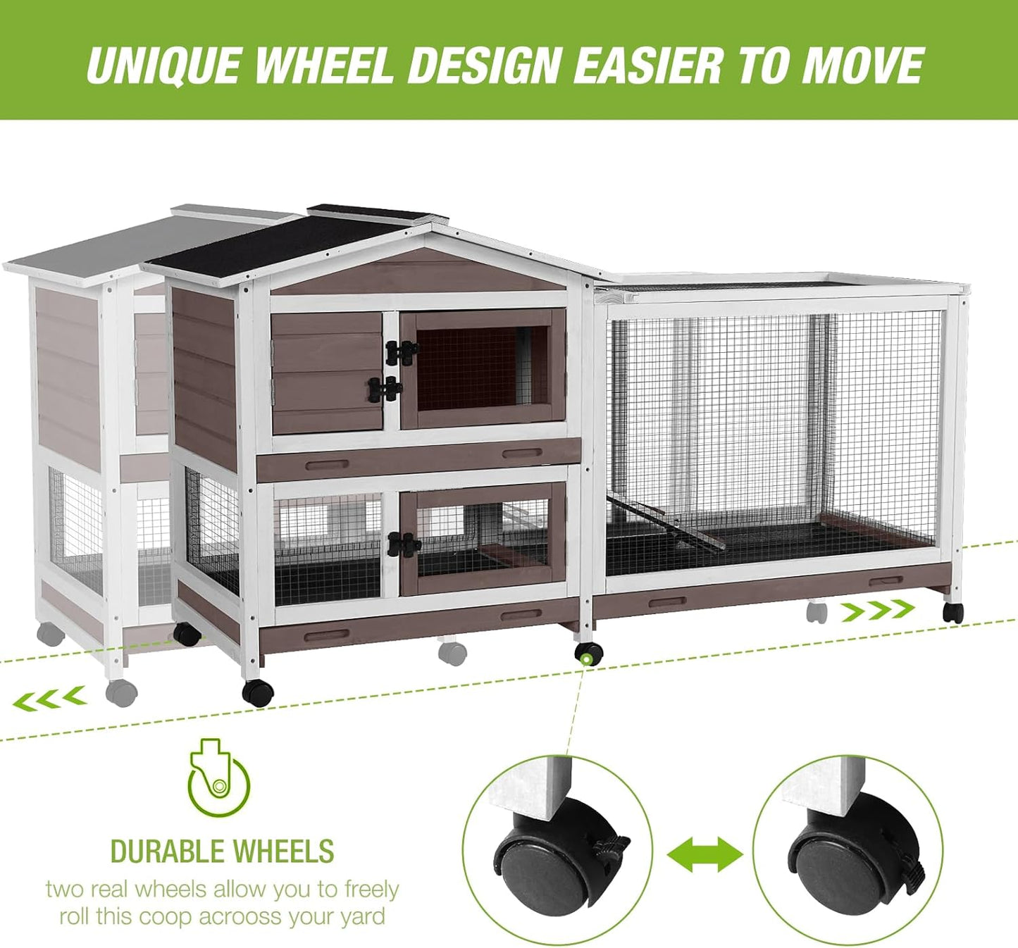 Outdoor Rabbit Hutch Indoor Bunny on Wheels Large Guinea Pig Cage with Run for Any Small Animals,Removable Pull Out Tray White