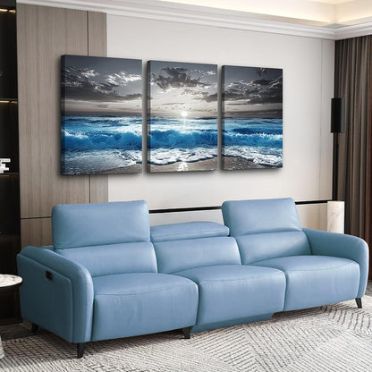 TTHYUEWS Black And White Beach Pictures Large Wall Decor For Living Room Canvas Wall Art For Bedroom Modern Office Decorations Blue Sea Wave Ocean Paintings Artworks Canvas Art Home Decor 3 Pieces