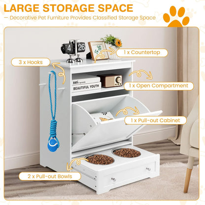 Tangkula Pet Feeder Station, Dog Food Storage Container with Double Pull Out Dog Bowls, Pet Food Toy Organizer Cabinet, Pet Feeding Station Furniture for Dogs Cats Feeding & Watering Supplies (White)
