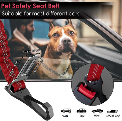 SlowTon Dog Seat Belt, Adjustable Dog Safety Belt Leash, 2 in 1 Latch Bar Attachment Dog Car Seatbelt with Elastic Nylon Bungee Buffer, Reflective Nylon Belt Tether(Red 35.5in)