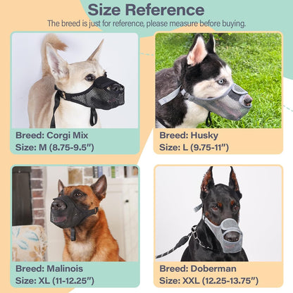 LUCKYPAW Dog Muzzle for Large Medium Small Dogs, Patented Mesh Muzzle to Prevent Biting Chewing Eating, Soft Mouth Guard with Front Opening Design for Drinking Panting(Grey, L)