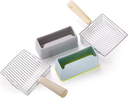 Hiceeden Set of 2 Cat Litter Scoop with Holder, Metal Kitty Litter Scoop Holder with Wooden Handle, Cat Poop Scooper for Kitten Litter Box, Fast Sifting, Gray and Blue