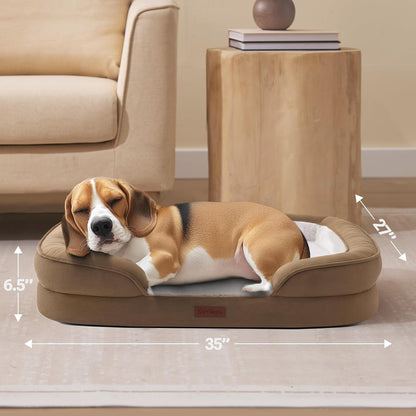 Soft Touch Orthopedic Dog Bed for Large Dogs with Faux Fur Top, Waterproof Pet Couch Bed with Removable Washable Cover and Supportive Foam Filling (Brown, Large)