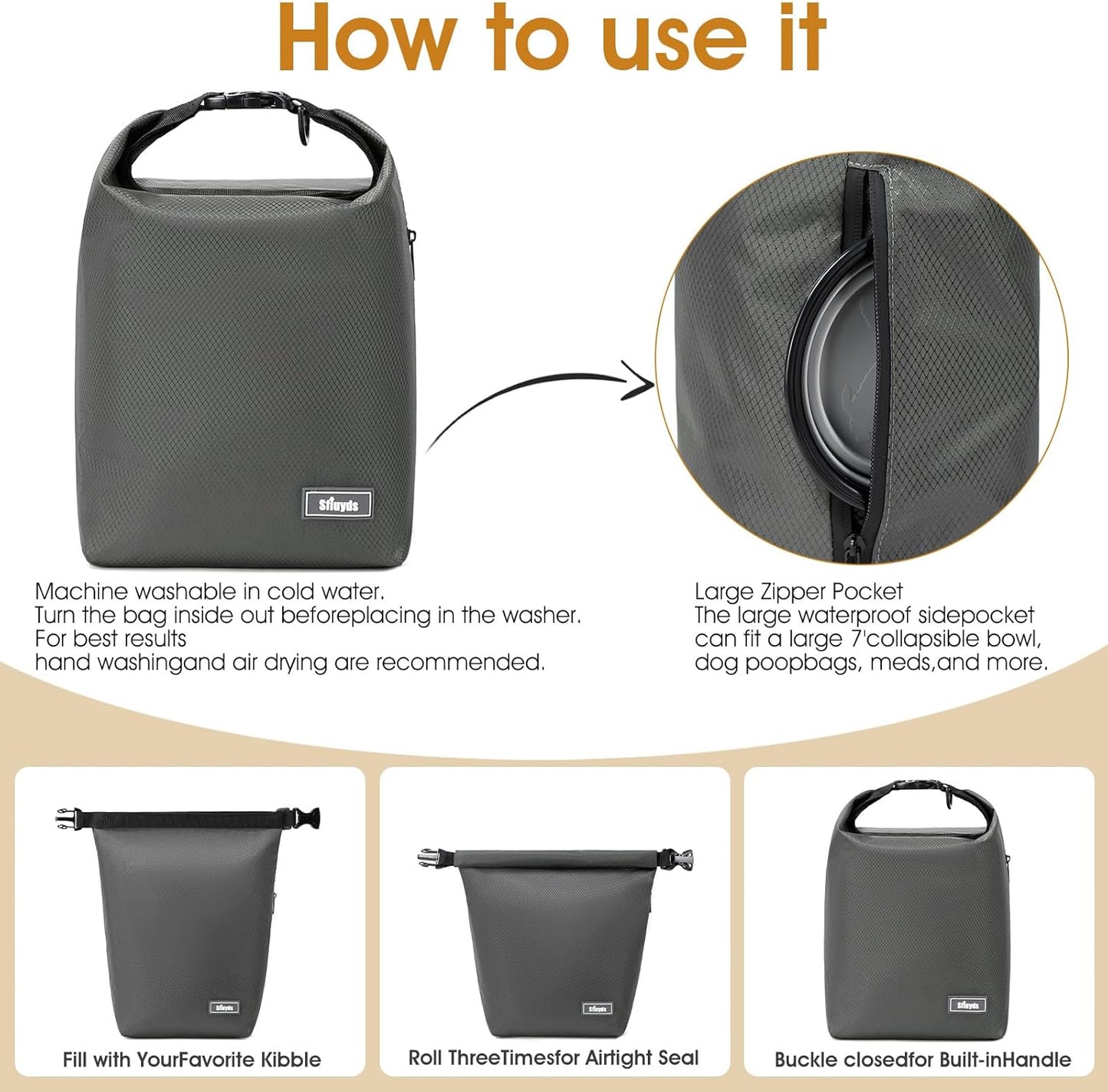 Waterproof Pet Food Storage Bag,Dog Food Container 20 lb w/2PCS Collapsible Dog Travel Bowls and Zipper Side Pocket(Gray, Large)