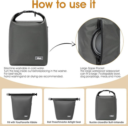 Waterproof Pet Food Storage Bag,Dog Food Container 12 lb w/2PCS Collapsible Dog Travel Bowls and Zipper Side Pocket(Gray, Small)