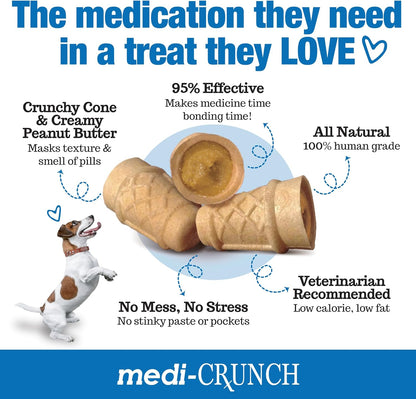 Pill Pouches for Dogs with Peanut Butter Fill, Crunchy Ice Cream Cone Dog Pill Treats Capsule Size Wrap Pocket - 30 ct (Pack of 2)