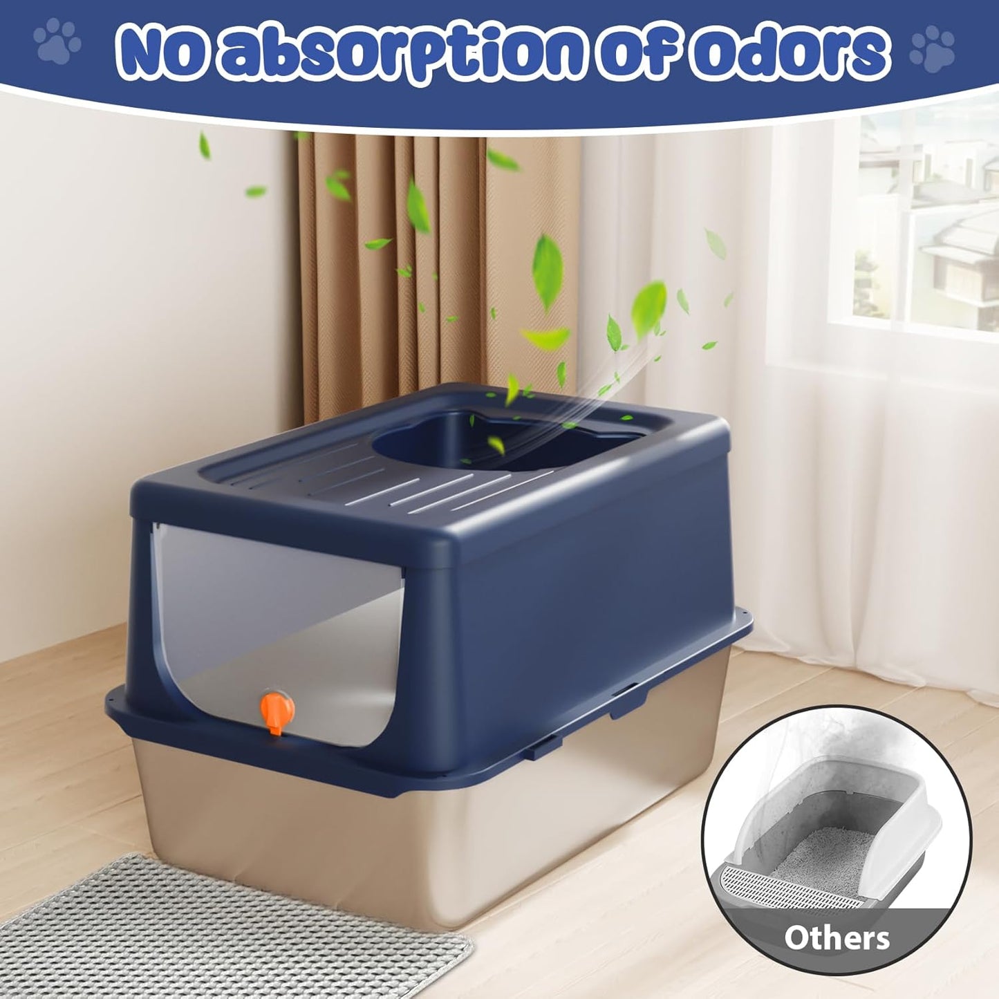 Litter Box with Lid, Stainless Steel Litter Box XL, 14" H Metal Cat Box with High Sides Wall Enclosure, Cat Pan, Non-Sticky, Easy Clean, Anti-Leakage, Blue