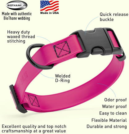 Dogline Biothane Waterproof Dog Collar with Quick Release Buckle Strong Coated Nylon Webbing with Odor- Proof for Easy Care Easy to Clean Fits Small Medium Large Dogs, Magenta Pink 3/4" W 12-19" L