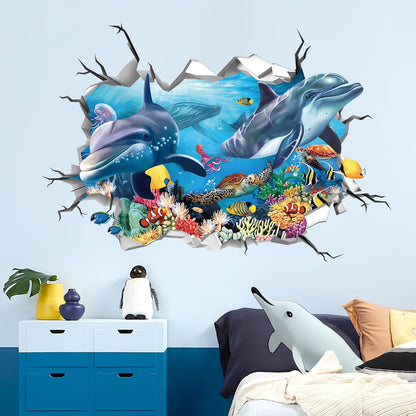 decalmile 3D Under The Sea Dolphin Fish Wall Decals Ocean Turtle Seaweed Broken Wall Stickers Boys Bedroom Living Room Bathroom Wall Decor