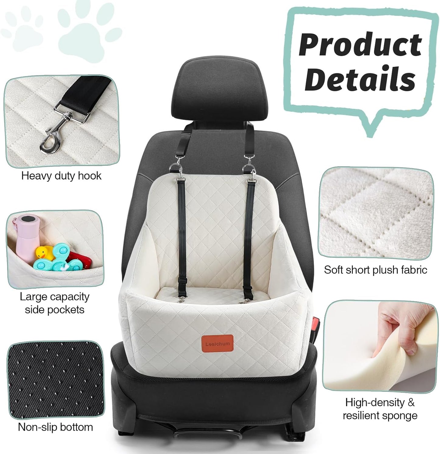 Dog Car Seat for Medium Dogs,Easy to Install with Adjustable Straps,Anti-Slip Bottom,Fully Detachable and Washable,Soft Fabric Fill in Memory Foam,Two Side Pockets(Beige,Medium)