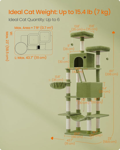 Feandrea Cat Tree, 81.1-Inch Large Cat Tower with 13 Scratching Posts, 2 Perches, 2 Caves, Basket, Hammock, Pompoms, Multi-Level Plush Cat Condo for Indoor Cats, Green UPCT190C01