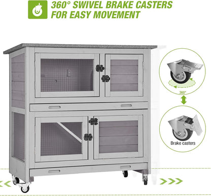 2 Story Rabbit Hutch Indoor Outdoor Rabbit Bunny House Guinea Pig Cage Wooden Pet House for Small Animals with 2 Large Rooms, Chewproof Ramp, Ventilation Door, Removable Trays (Grey)