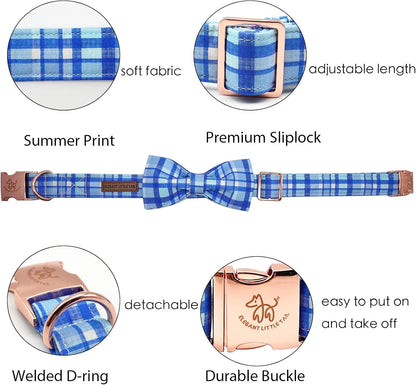 Elegant little tail Dog Collar with Bow - Blue Plaid Boy Dog Collar Cute Bowtie Pet Collar Adjustable Dog Collar for Large Dog