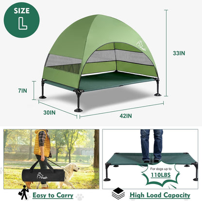 Upgraded Elevated Dog Bed with Canopy, Portable Raised Outdoor Dog Bed with Stable Anti-Slip Feet, Removable Wider Shade, Raised Dogs Cot for Large Pets Camping, Indoor & Outdoor Use