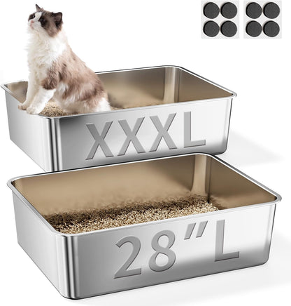 2 Pack Cat Pan Giant 28" Extra Large Stainless Steel Cat Litter Pan Metal Cat Litterbox for Big Cats and Multiple Cats, Anti-Leakage, Easy Cleaning