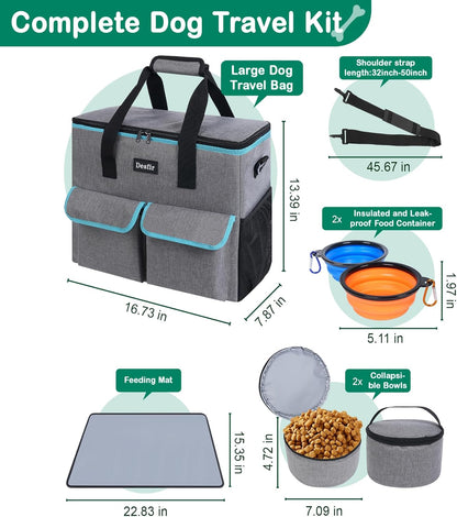 Large Pet Travel Bag Organizer - Dog & Cat Tote with Food Containers, Bowls, Feeding Mat, Perfect for Camping, Hiking (Multi-Pocket Design)