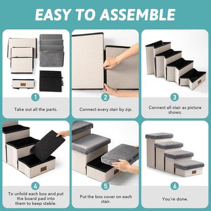 Dog Stair for Small Dogs with Storage, Foldable Pet Step with Soft Cover, Older Cat Ramp for Chair Couch Sofa, Lightweight, Durable, Comfort, 24.8x13x13.6 inch, 3 Tiers, Grey