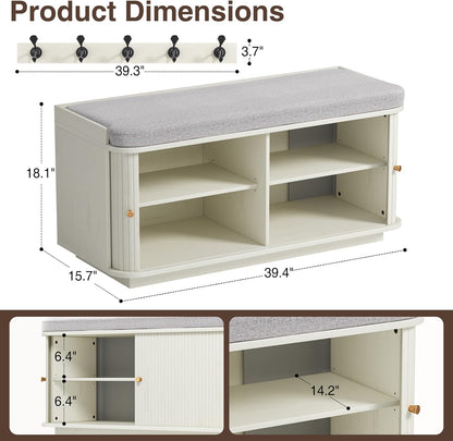 Cream White 39.4" W 2-Tier Shoe Bench with Storage | Entryway Bench with Padded Cushion, Sliding Doors & 5 Hooks