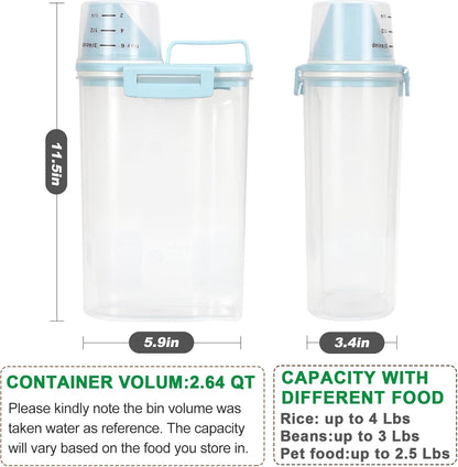 TBMax Rice Storage Container 2 Pack, Plastic Kitchen Pantry Food Storage Container with Cup, Small Pet Dog Cat Food Container Dispenser - Sky Blue