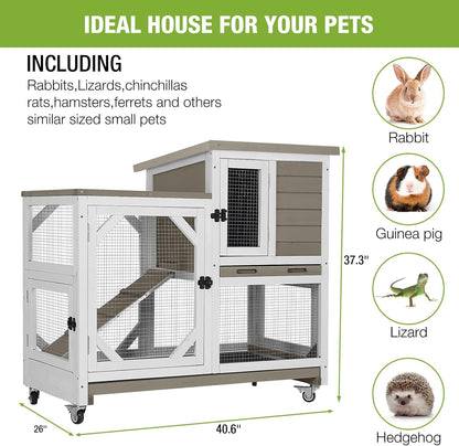 GUTINNEEN Rabbit Hutch Indoor Mobile Bunny Cage with Run Wooden 2 Story Guinea Pig Cage Outdoor for Small Animals with Wheels,Two Deeper No Leak Trays(Grey)