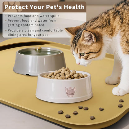 Silicone Pet Feeding Mat with Raised Edge & Residue Collection Pocket for Food and Water, Dog Bowl Mats, Cat Bowls Placemat with High Lip for Floor Waterproof, 22 x 14 x 0.8 Beige