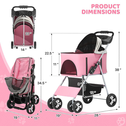 Magshion Foldable Pet Stroller, 3-in-1 Dog Travel Jogger with Detachable Carrier, Cup Holder, Storage Basket, Folding Carrier for Small/Medium Dogs & Cats Up to 33 lbs, Pink