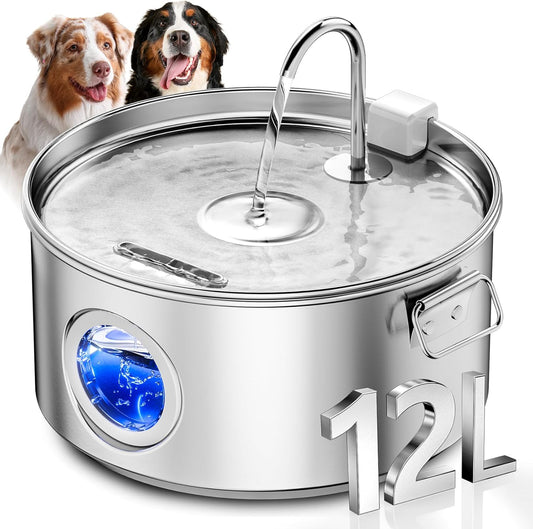 Dog Water Fountain for Large Dogs, 3.2Gal/406oz/12L Stainless Steel Pet Water Fountain, Quiet Dog