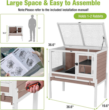GUTINNEEN Rabbit Hutch Bunny House, 36.6" L Rabbit Cage with Anti Chewing Ramp, Guinea Pig Cage with Cooling Galvanized Sheet, Detachable Legs(Brown)