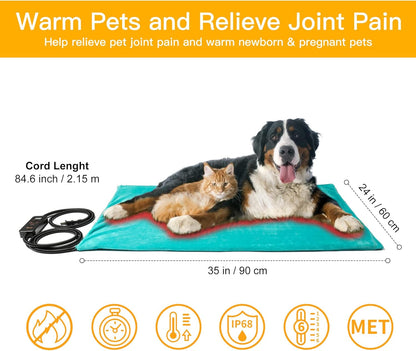 Toozey Large Pet Heating Pad, 6 Adjustable Temperature Dog Cat Heating Pad with Timer, Waterproof Heated Dog Bed with Chew Resistant Cord, Indoor Electric Pet Heated Mat 35x24in