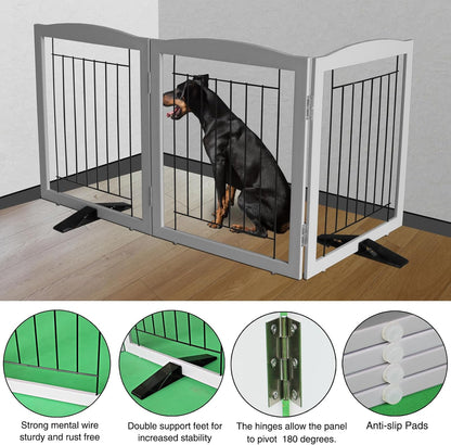 ZJSF Freestanding Dog Fence Indoor, Foldable Dog Gate for Doorways, Stairs or Hallways, Sturdy Wood Extra Wide Pet Gate with Support Feet for The House, Grey, 32 "Height-3 Panels