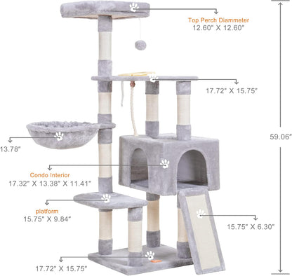 Heybly Cat Tree, Cat Tower for Indoor Cats with Scratching Board, Multi-Level Cat Furniture Condo with Feeding Bowl, Light Gray HCT010MW
