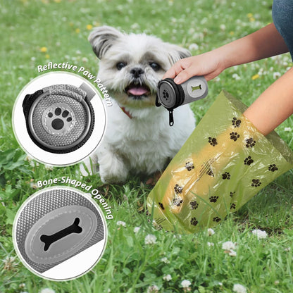Glow Dog Poop Bag Holder for Leash Doggie Waste Bag Dispenser Puppy Potty Carrier Small Doggy Zipper Pouch with Carabiner Clip 1680D Nylon Oxford with 1 Roll of Pet Trash Bags, Silver