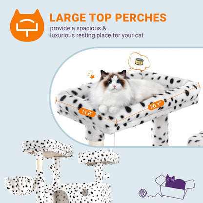 Allewie 81 Inches Tall Cat Tree/Multi-Level Large Climbing Tree House and Towers for Big Feline/Condo and Hammock/Scratching Post/Wide Base/White & Black Spot