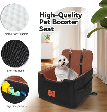 Dog Car Seat for Small/Medium Dogs Under 35lbs,Memory Foam Dog Booster Seats,Detachable and Washable Traval Pet Car Seat, Dogs Bed with 2 Safety Belts(Balck/Brown)