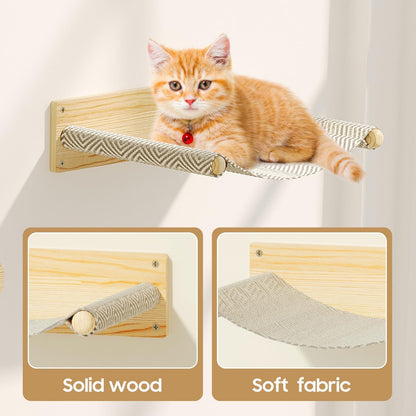 MeowHomm Cat Wall Shelves, Wooden Cat Wall Furniture Includes 4 Scratching Post Steps, Jumping Platform, Hammock for Kittens