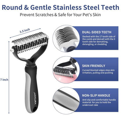 5 in 1 Dog Grooming Kit - Self-Cleaning Slicker Brush for Shedding Short Long Haired Dogs & Cats, Includes Pet Comb, Flea Comb, Bath Brush, Undercoat Rake - Complete Fur Care Set - Gray