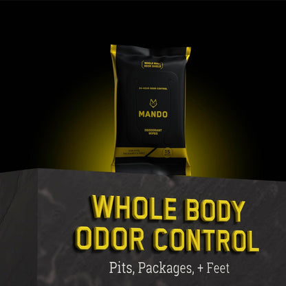 Mando Deodorant Wipes - 24 Hour Odor Control - Aluminum Free, Baking Soda Free, Skin Safe (15 Count (Pack of 3)
