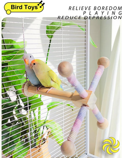 Bird Stand Perch Toy, 360° Rotating Natural Wooden Parrot Perch for Bird Cages, Colorful