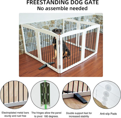 Freestanding Panel Dog Gate for Indoor, Doorways,Stairs, or Hallways,Foldable Wooden Dog Gates for House,Pet Gate for Dogs,Dog Fence, Puppy Gate,Support Feet Included,32 "Height-6 Panels,White