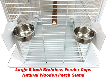 Extra Large Elegant and Durable Wrought Iron Climging Ladders Perch Stand Play Top Ground Bird Parrot Rolling Metal Cage, Include Seed Guard (White Vein, 32" x 23" x 69"H)