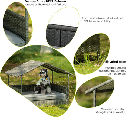 Wicker Dog House Outdoor Indoor with Canopy, Elevated Dog Shelter & Dog Bed with Light Gray Cushion, Water-Resistant Raised Pet House for Small Medium Dogs, Rattan Dog Cot for Deck, Patio, Yard, Pool
