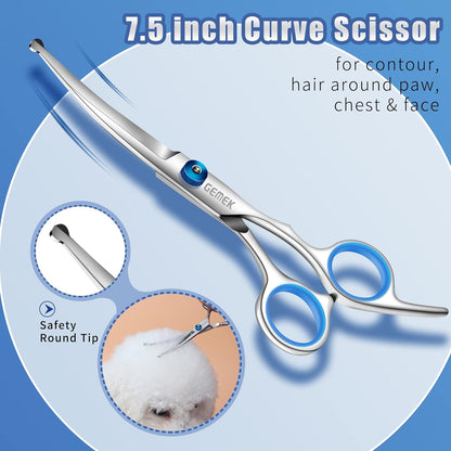 GEMEK Professional 5 in 1 Dog Grooming Scissors Set with Safety Round Tips, Sharp and Heavy-duty Pet Grooming Shears for Cats (Blue)