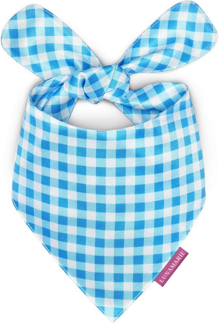 LunaMarie - Luxury Pet Birthday Bandanas -Premium & Silky Poly Fabric | 100% Handmade | Custom Shape Dual Layered (Blue Checkers, Large)