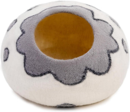 Woolygon Premium Felt Cat Cave Bed – Wool Kitty Beds Handcrafted Kitten Caves Bed for Indoor Cats - Made from 100% Eco-Friendly Merino Wool, Foldable Cat Hidewawy Covered Cat House Pod (Flower Collar)