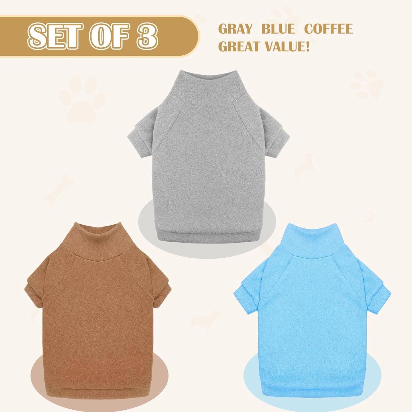 3 Pack Dog Sweater Fleece Pet Clothes Turtleneck Soft Warm Sweatshirt Dog Sweaters for Small Dogs Puppy Sweater Boy Girl Pet(Gray+Blue+Coffee,XS)