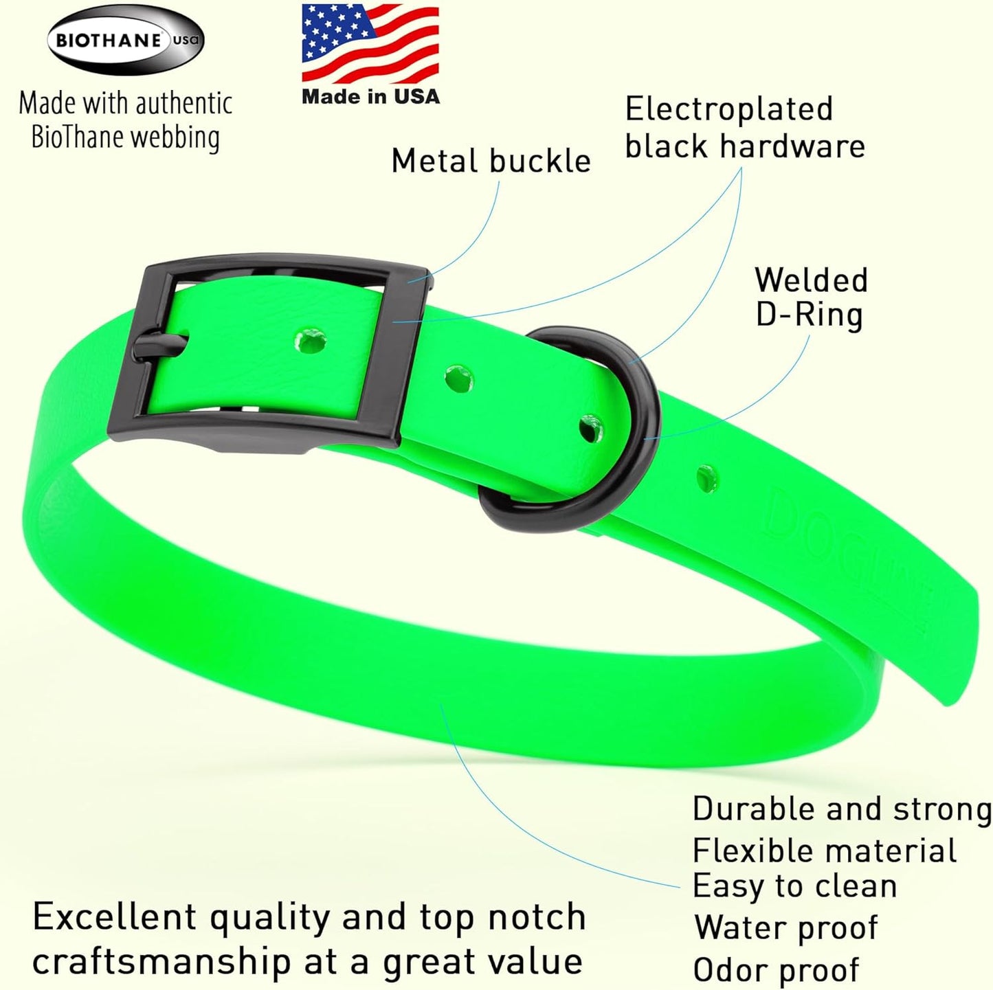 Dogline Biothane Waterproof Dog Collar Strong Coated Nylon Webbing with Black Hardware Odor- Proof for Easy Care Easy to Clean High Performance Fits Small Medium or Large Dogs, Tropical Green