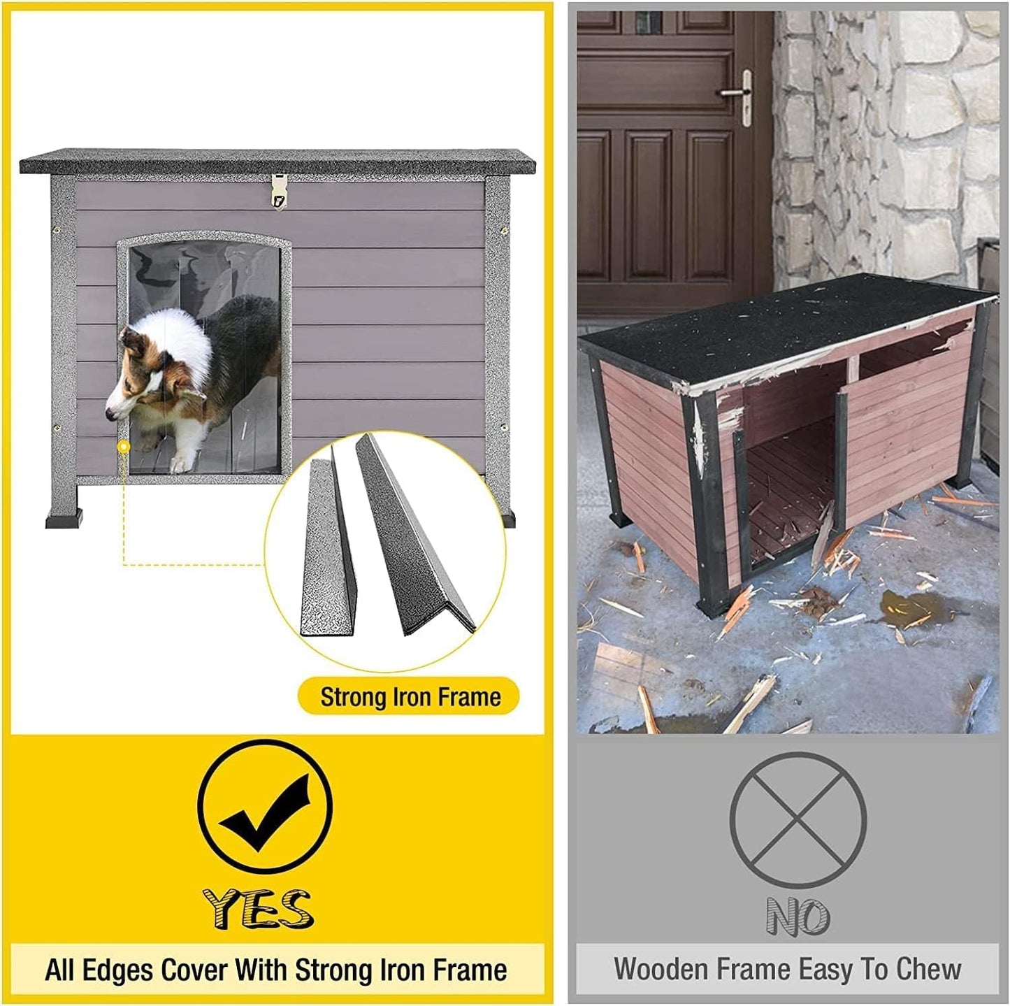 Aivituvin Dog House Outdoor Indoor Weatherproof Dog House for Small & Medium & Large Dogs with Unique All-Around Iron Frame＆Raised Feet（Grey）